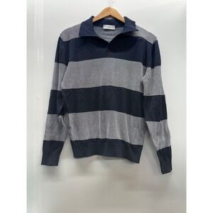 MNG Mango Man Mens Navy Blue White Striped Long Sleeve Polo Sweater Size M